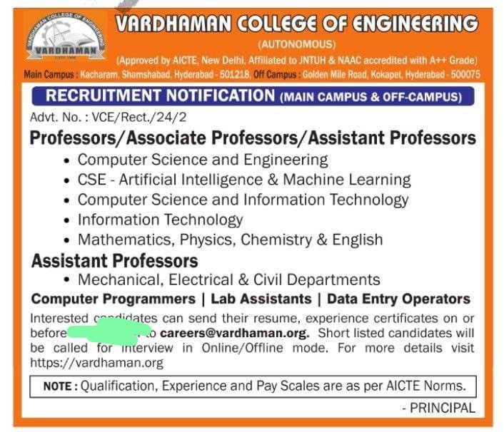 Teachers job in ! Join Vardhaman College of Engineering, Kacharam, Shamshabad, Hyderabad