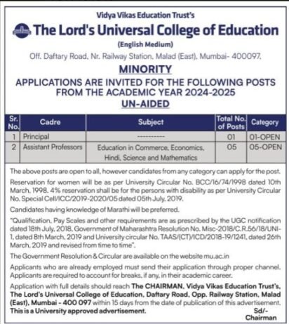 Hiring In The Lord’s Universal College of Education,Mumbai