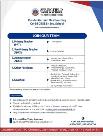 Teachers job in ! Springfield World School Vidisha, M.P