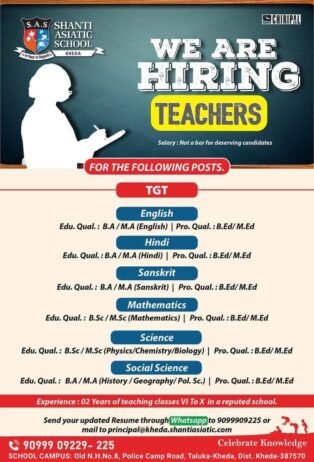 Teachers job in S.A.S Shanti Asiatic School, Kheda