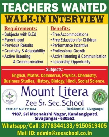 Job Alert at Mount Litera Zee Sr. Sec. School, Sivagangai, Tamil Nadu