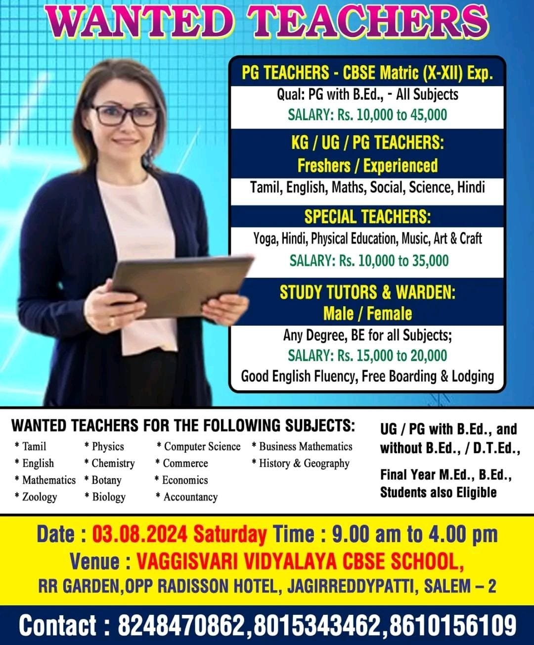 Teacher Jobs in Vaggisvari Vidyalaya CBSE School, Salem, Tamil Nadu