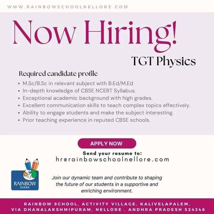 Teachers job in ! Rainbow School, Nellore, Andhra Pradesh
