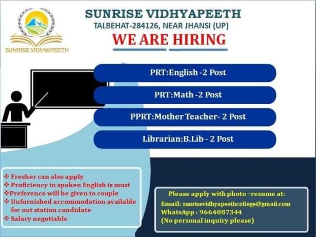 TEACHER JOBS!! in Jhansi, Uttar Pradesh at SUNRISE VIDHYAΡΕΕΤΗ