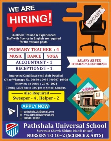 Job for Teachers at Pathshala Universal School  in Hisar, Haryana