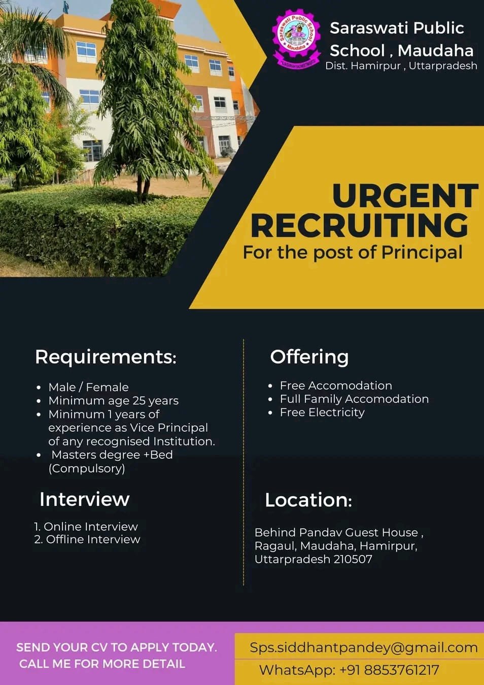 TEACHER JOBS!! in Hamirpur, Uttarpradesh at Saraswati Public School