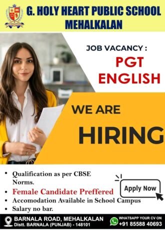 Job Vacancy for Teachers at G. HOLY HEART PUBLIC SCHOOL, BARNALA (PUNJAB)