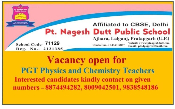 TEACHER JOBS!! in Pratapgarh (U.P.) at Pt. Nagesh Dutt Public School