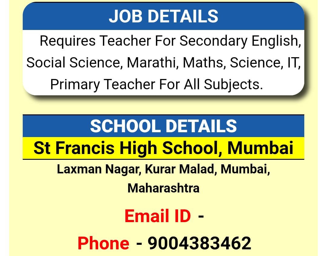 TEACHER JOBS!! in Mumbai, Maharashtra at St Francis High School