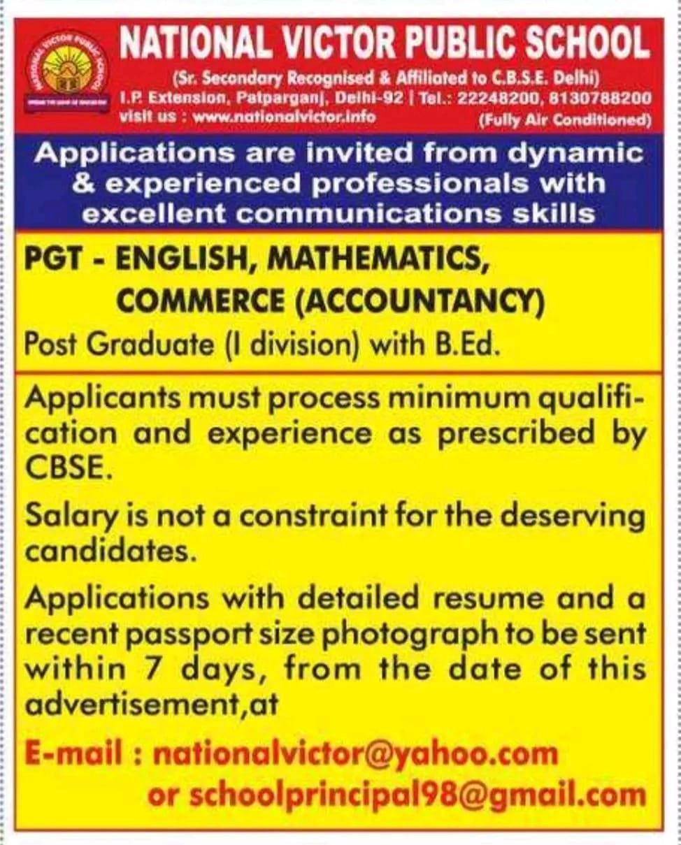 Job for Teachers at NATIONAL VICTOR PUBLIC SCHOOL, East Delhi (Delhi)