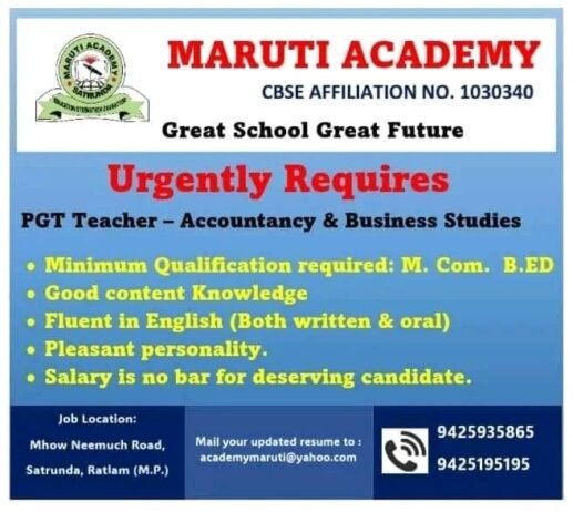 Job for Teachers at MARUTI ACADEMY in Ratlam (M.P.)