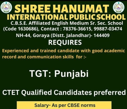 TEACHER JOBS!! in Jalandhar, Punjab at SHREE HANUMAT INTERNATIONAL PUBLIC SCHOOL