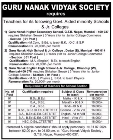 Job for Teachers at GURU NANAK VIDYAK SOCIETY in Mumbai, Maharastra