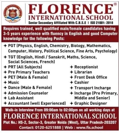 TEACHER JOBS!! in Greater Noida, Uttar Pradesh at FLORENCE INTERNATIONAL SCHOOL