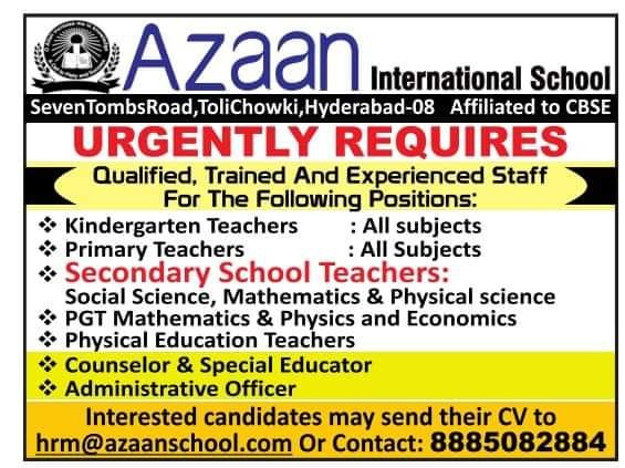 Teachers job in ! Azaan International School, Hyderabad, Telangana