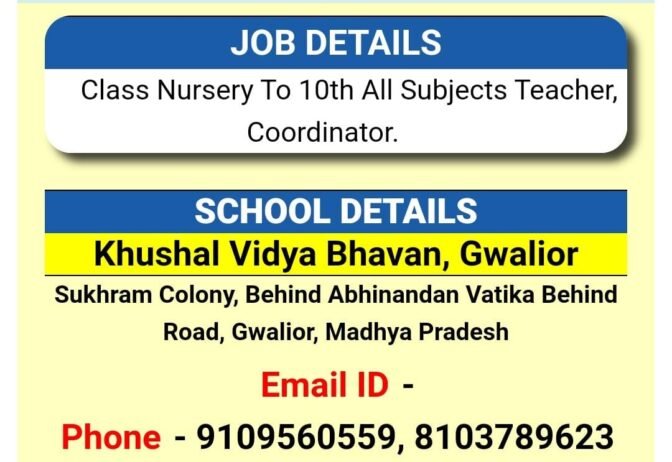 Job Opening in Khusal Vidya Bhavan,Gwalior, Sukhram colony, behind Abhinandan Vatika behind road Gwalior,MP