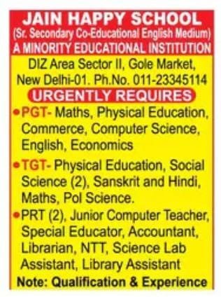 Job Opening in Jain Happy School ,Gole Market, New Delhi