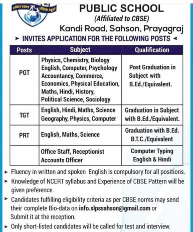 Job for Teachers at SHANKAR LAL PUBLIC SCHOOL in Prayagraj, U.P