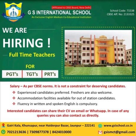 Job for Teachers at GS INTERNATIONAL SCHOOL in Jaunpur, Uttar Pradesh