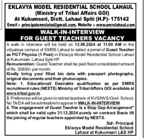 Opening Job for Teachers at EKLAVYA MODEL RESIDENTIAL SCHOOL in Lahaul Spiti (H.P)