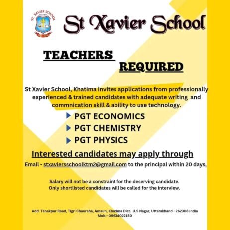 Opening Job for Teachers at St Xavier School in U.S Nagar, Uttarakhand