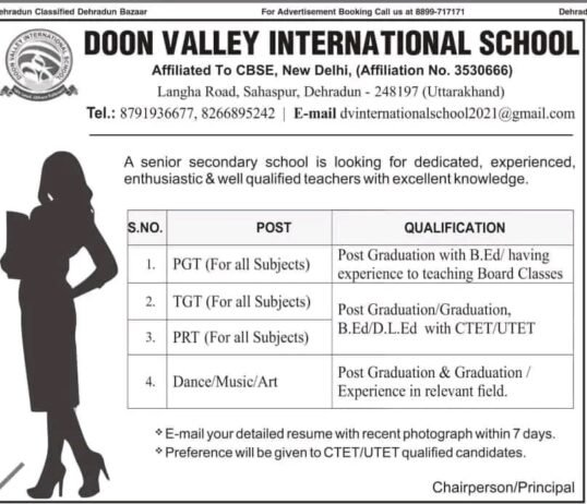 Opening Job for Teachers at DOON VALLEY INTERNATIONAL SCHOOL in Dehradun (Uttarakhand)