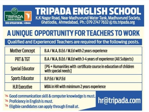 Opening Job for Teachers at TRIPADA ENGLISH SCHOOL in Ahmedabad, Gujarat