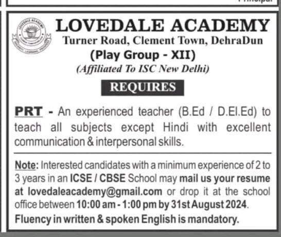 Opening Job for Teachers at LOVEDALE ACADEMY in Dehradun, Uttarakhand