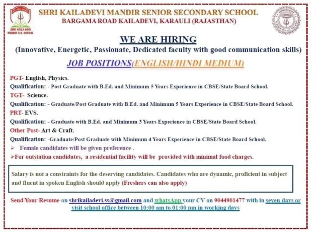 Opening Job for Teachers at SHRI KAILADEVI MANDIR SENIOR SECONDARY SCHOOL in KARAULI (RAJASTHAN)