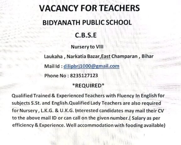 Opening Job for Teachers at BIDYANATH PUBLIC SCHOOL in East Champaran, Bihar