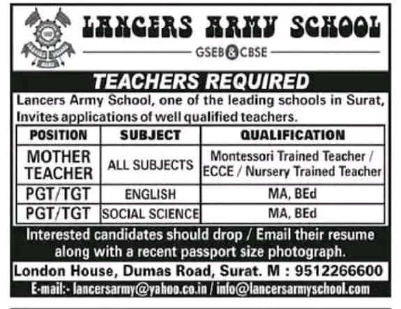 Teachers Job in Lancers Army School, Surat, Gujarate