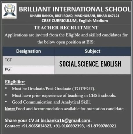 Job Openings in BRILLIANT INTERNATIONAL SCHOOL , MADHUBANI, BIHAR