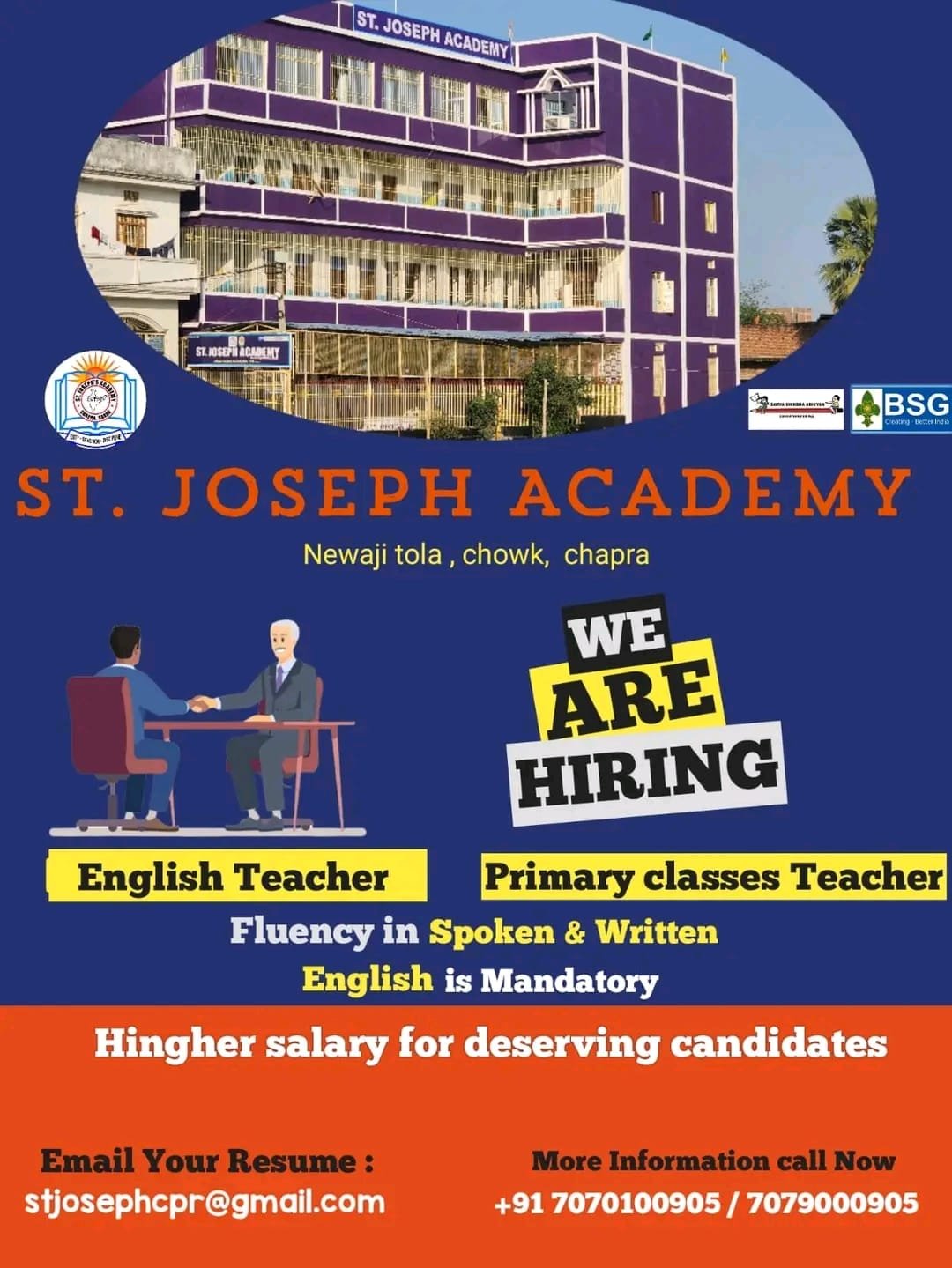 Job Opening St. Joseph Academy Newaji tola, chowk, chapra