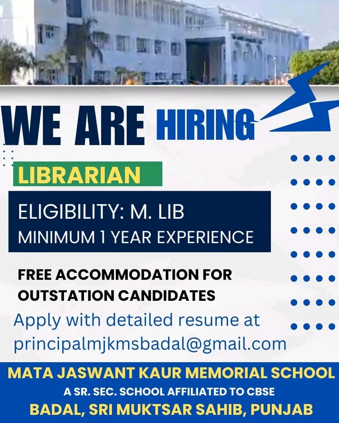 Job Opening: Librarian Position at Mata Jaswant Kaur Memorial School, Badal, Punjab