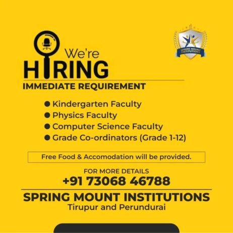 Teachers Job at Spring Mount Institutions Tirupur and Perundurai, Tamil Nadu