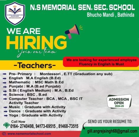 Teachers job in N.S. Memorial Senior Secondary School, Bathinda, Punjab