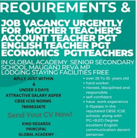 Job Opening in Global Academy Senior Secondary School, Mauganj, Rewa, Madhya Pradesh.