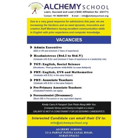 Teachers job ! in Alchemy School, Surat