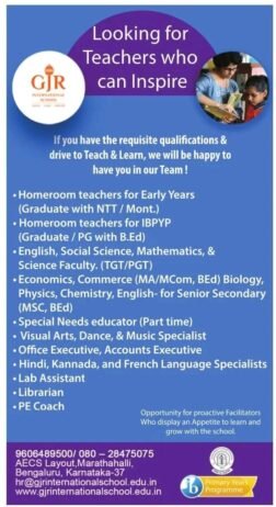 Teachers job in ! GJR International School, Bengaluru