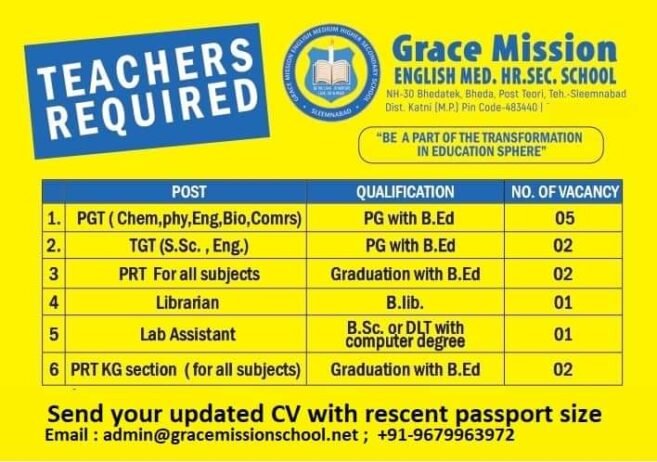 Opening Job for Teachers at Grace Mission English Medium Hr.Sec. School, katni .MP.