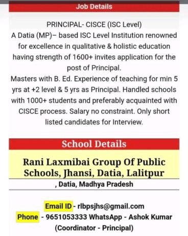 Teachers job in Rani Laxmibai Group Of Public Schools Datia