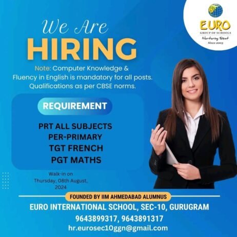 Opening Job for Teachers at Euro School Sector-10, Gurugram, UP