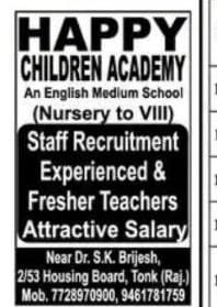 Teachers Job Opening in HAPPY CHILDREN ACADEMY, Rajasthan