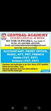 Teachers Job Opening in CENTRAL ACADEMY INTERNATIONAL SCHOOL, New Delhi-75