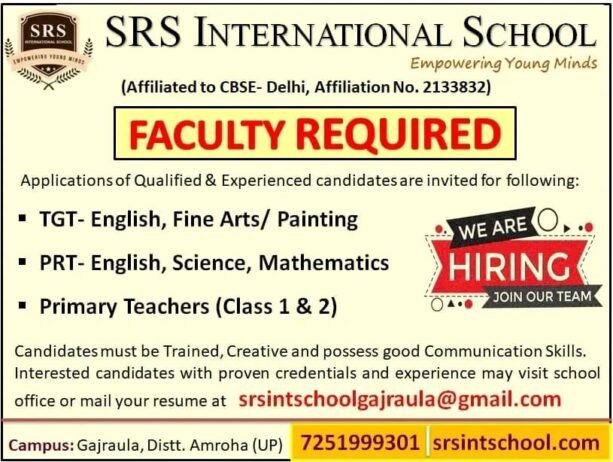 Job Opening In SRS International School,(UP)