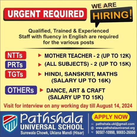 Teachers job in Pathshala UNIVERSAL SCHOOL , Hisar