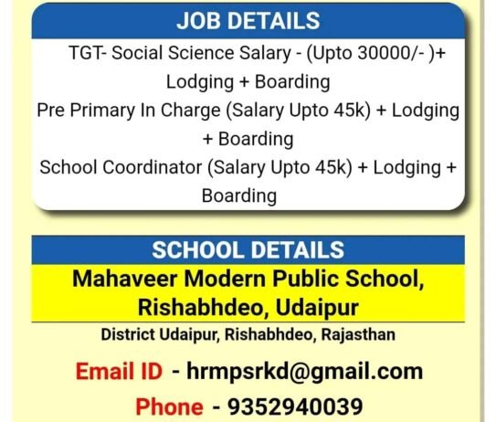 Teachers job in ! Mahaveer Modern Public School Udaipur