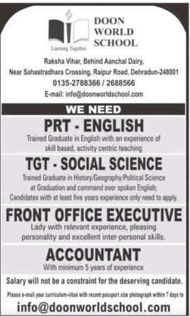 Teachers job Opening in DOON WORLD SCHOOL, Dehradun