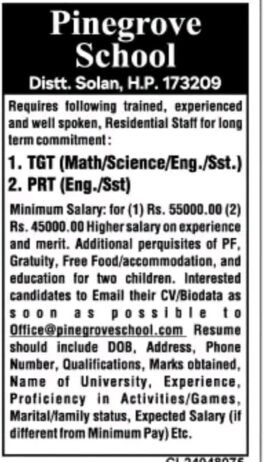 Teachers job Opening in Pinegrove School, Himachal Pradesh