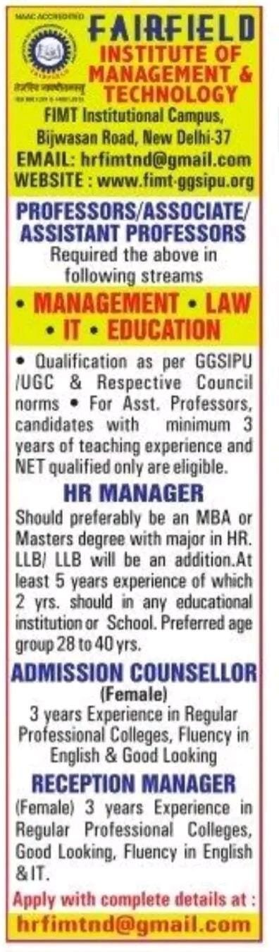Teachers job in FAIRFIELD INSTITUTE OF MANAGEMENT & TECHNOLOGY , Delhi